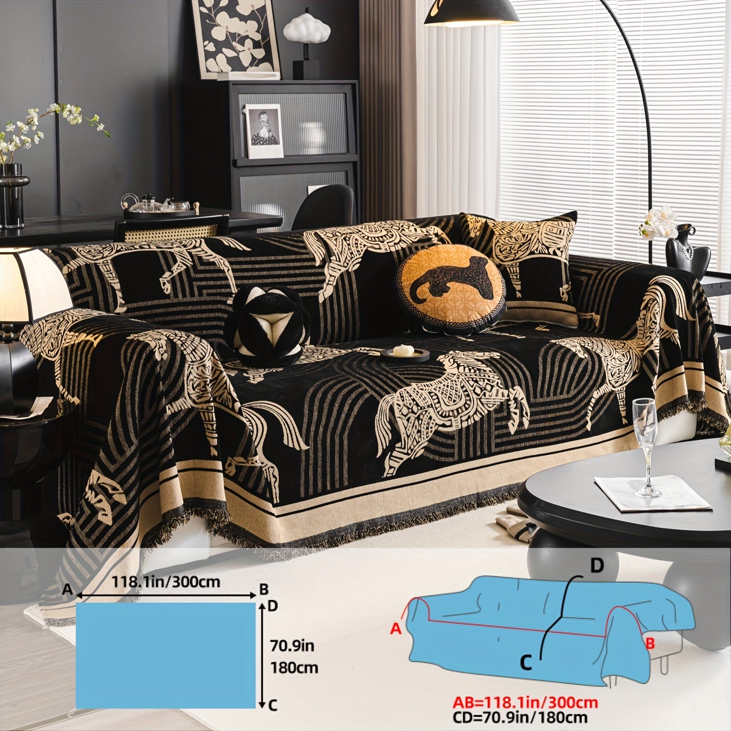 Luxurious Chenille Sofa Cover with Horse Design - Dual-Tone, Pet-Friendly & Machine Washable for Armchairs to L-Shaped Couches - Modern Home Decor Gift
