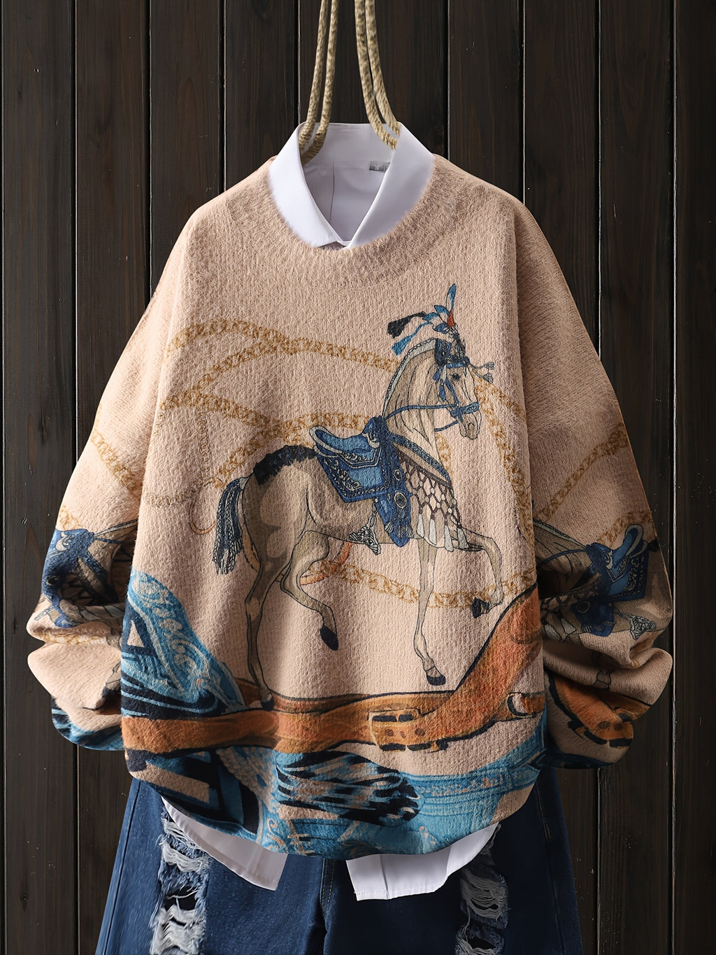 Vintage Animal Horse Patchwork Ribbon Pattern Pullover, Casual Round Neck Long Sleeve Top, Women'S Clothing.