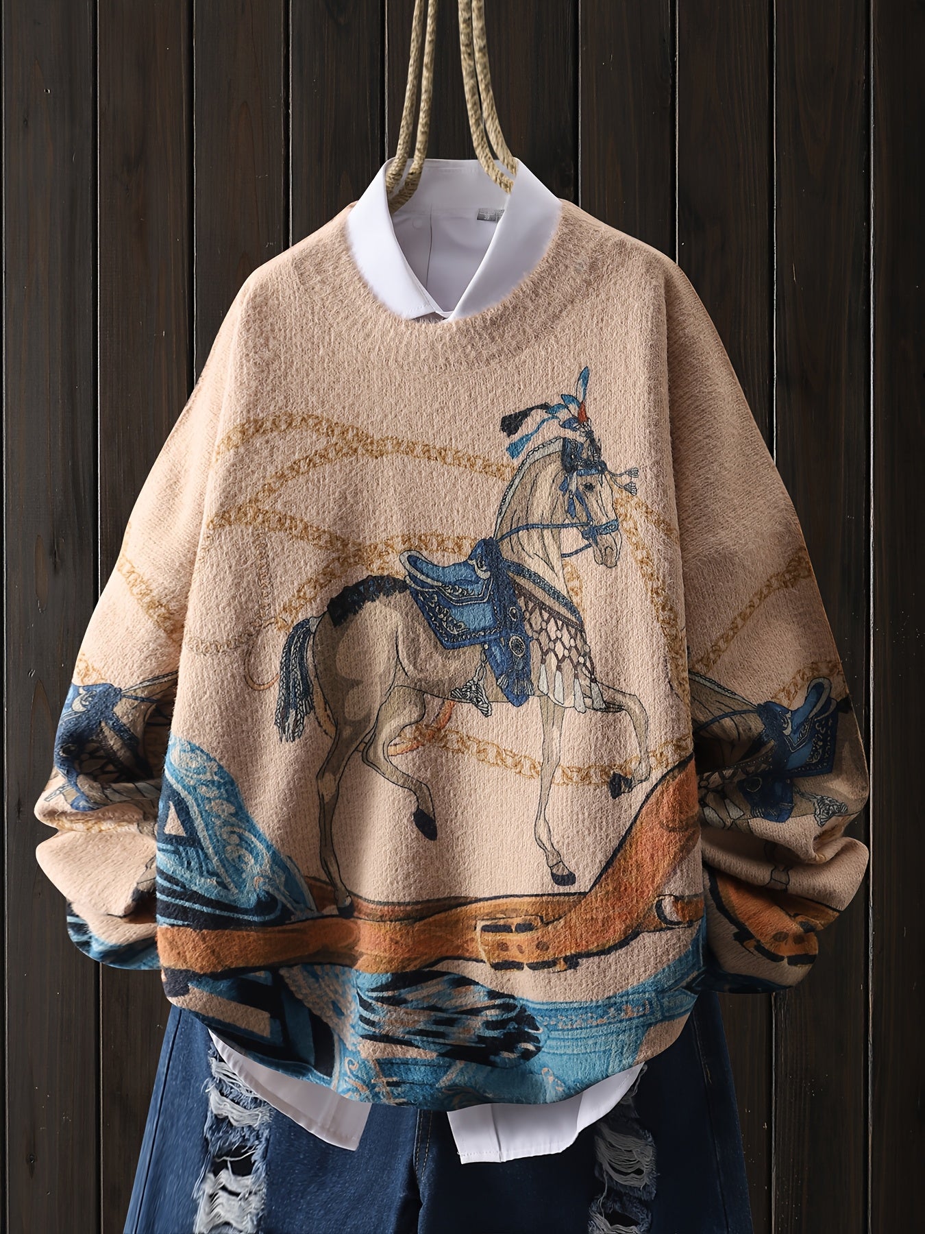 Vintage Animal Horse Patchwork Ribbon Pattern Pullover, Casual Round Neck Long Sleeve Top, Women'S Clothing.