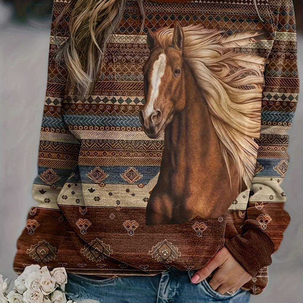 Elegant Horse Print Long Sleeve Sweatshirt - Cozy Polyester Crew Neck with Tribal Pattern, Machine Washable - Women's Casual Pullover