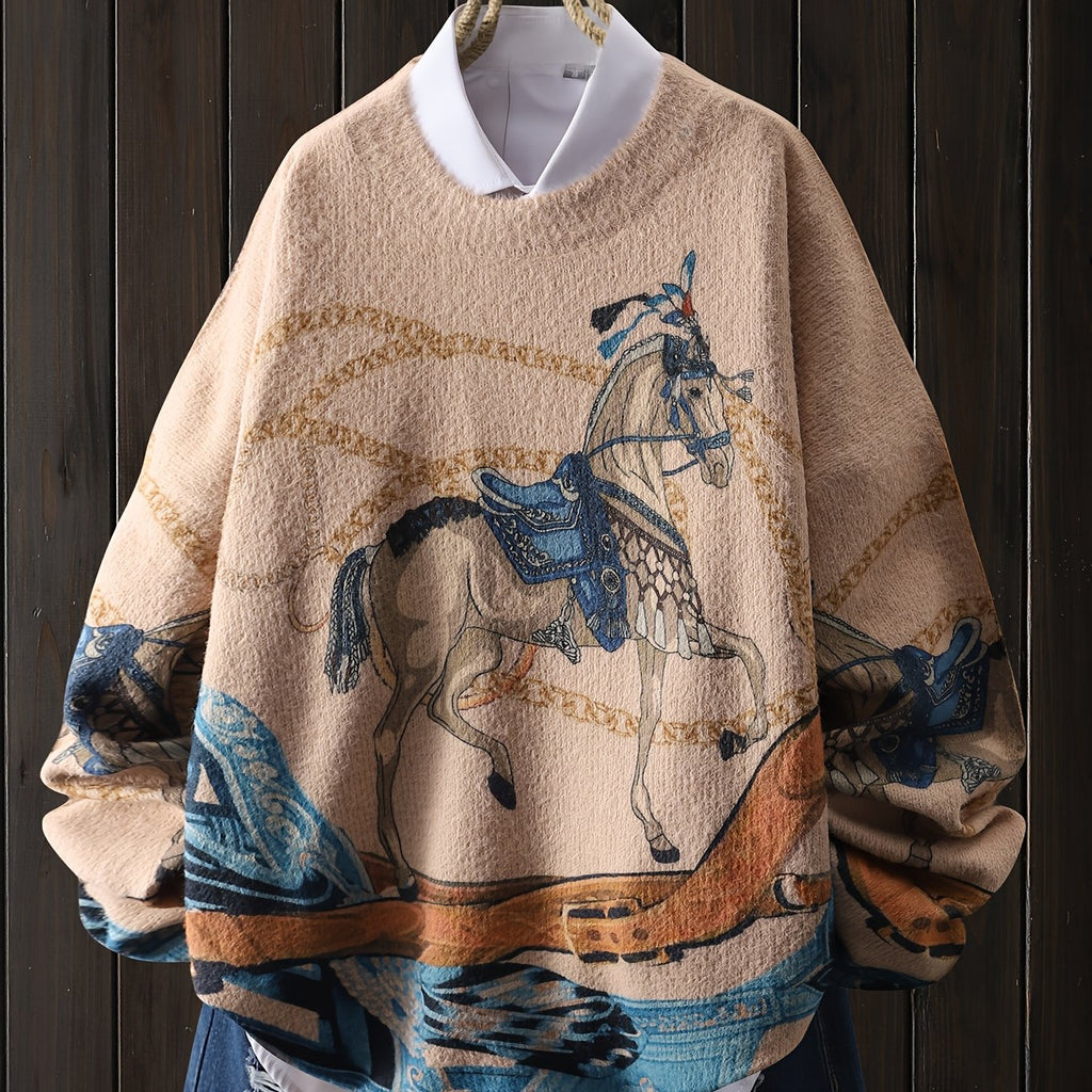 Vintage Animal Horse Patchwork Ribbon Pattern Pullover, Casual Round Neck Long Sleeve Top, Women'S Clothing.