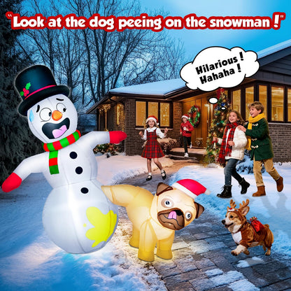 5FT Christmas Inflatable Pug Dog Peeing on Snowman with Built-in LED Lights - Outdoor Holiday Yard Decoration for Christmas and New Year Celebrations