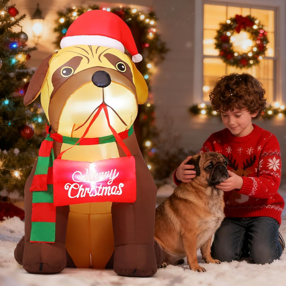5 FT Christmas Inflatable Outdoor Decoration - Adorable Dog Design with Built-in LEDs for Indoor and Outdoor Holiday Display in Yard, Lawn, and Garden