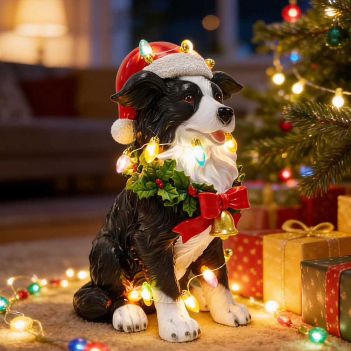 Festive Border Collie Sculpture with Santa Hat - Christmas Decor for Mantels and Tabletops - Ideal Gift for Border Collie Enthusiasts