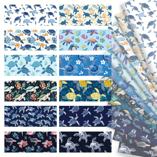 12pcs of Sea Turtles, The Spirits of The Ocean, an Icy Blue Ambiance, 12 Total Design Styles of Eighth Fabric Bundles, Polyester Patchwork, Suitable for Quilting, Crafts, Making Wallets, Gifts, Doll Clothes, Bag Making, Cushi