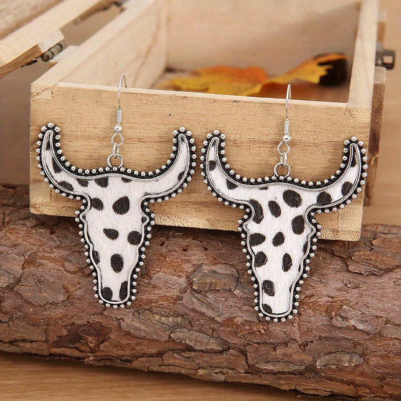 Flocking Cow/ Leopard Pattern Bull Head Design Dangle Earrings Retro Ethnic Style Western Holiday Earrings