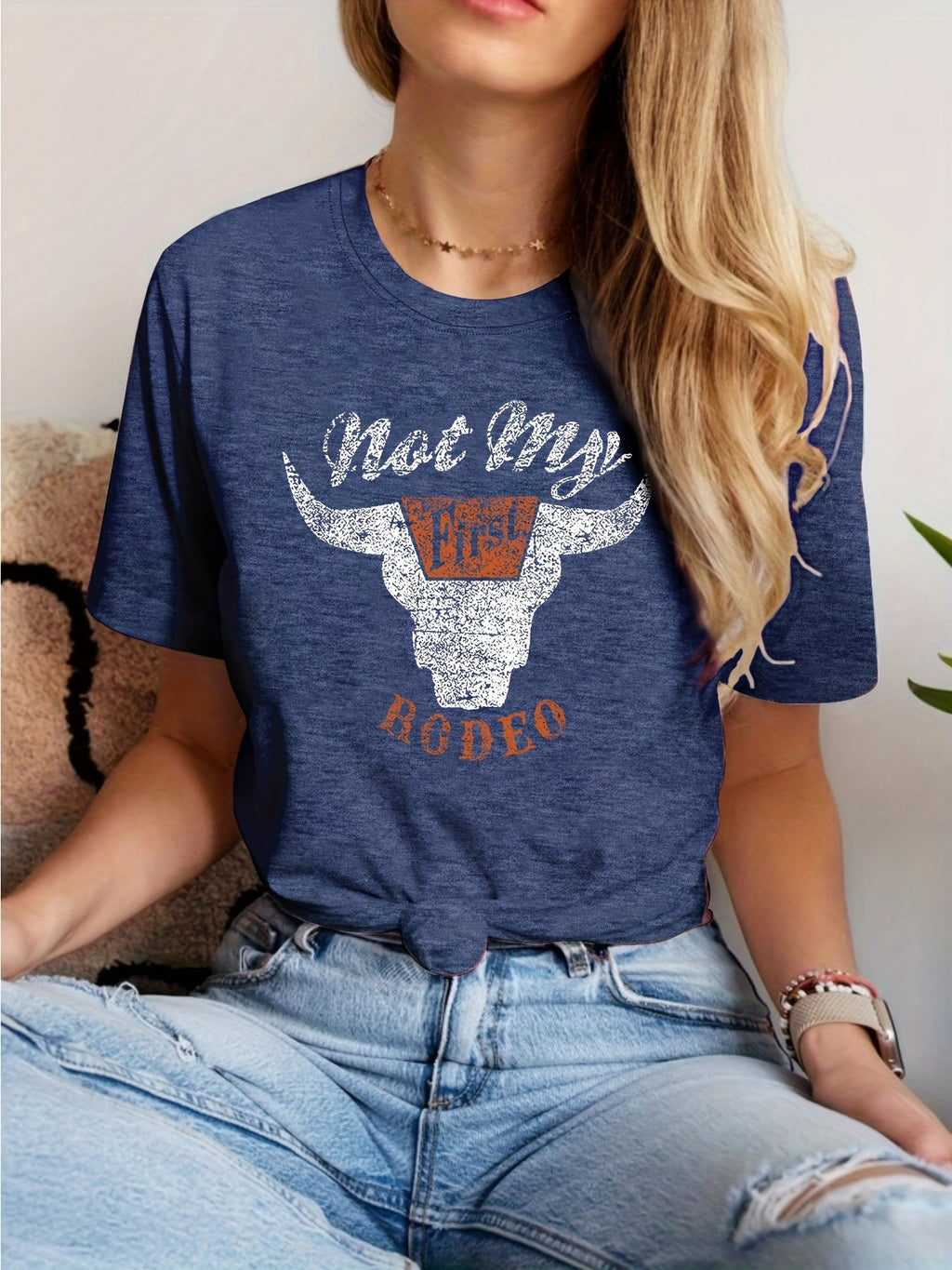 Rodeo Cow Head Print T-shirt, Casual Crew Neck Short Sleeve T-shirt, Women's Clothing