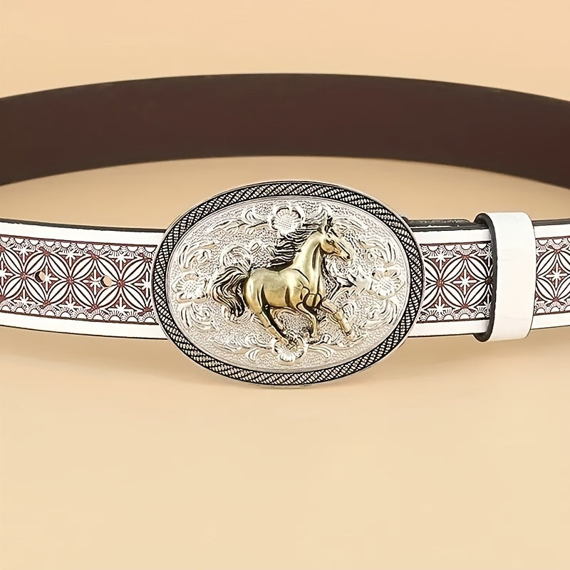 Fashionable Womens Oval Horse Buckle Belt - Embossed White Leather - Perfect for Jeans - Trendy Style for Girls and Women