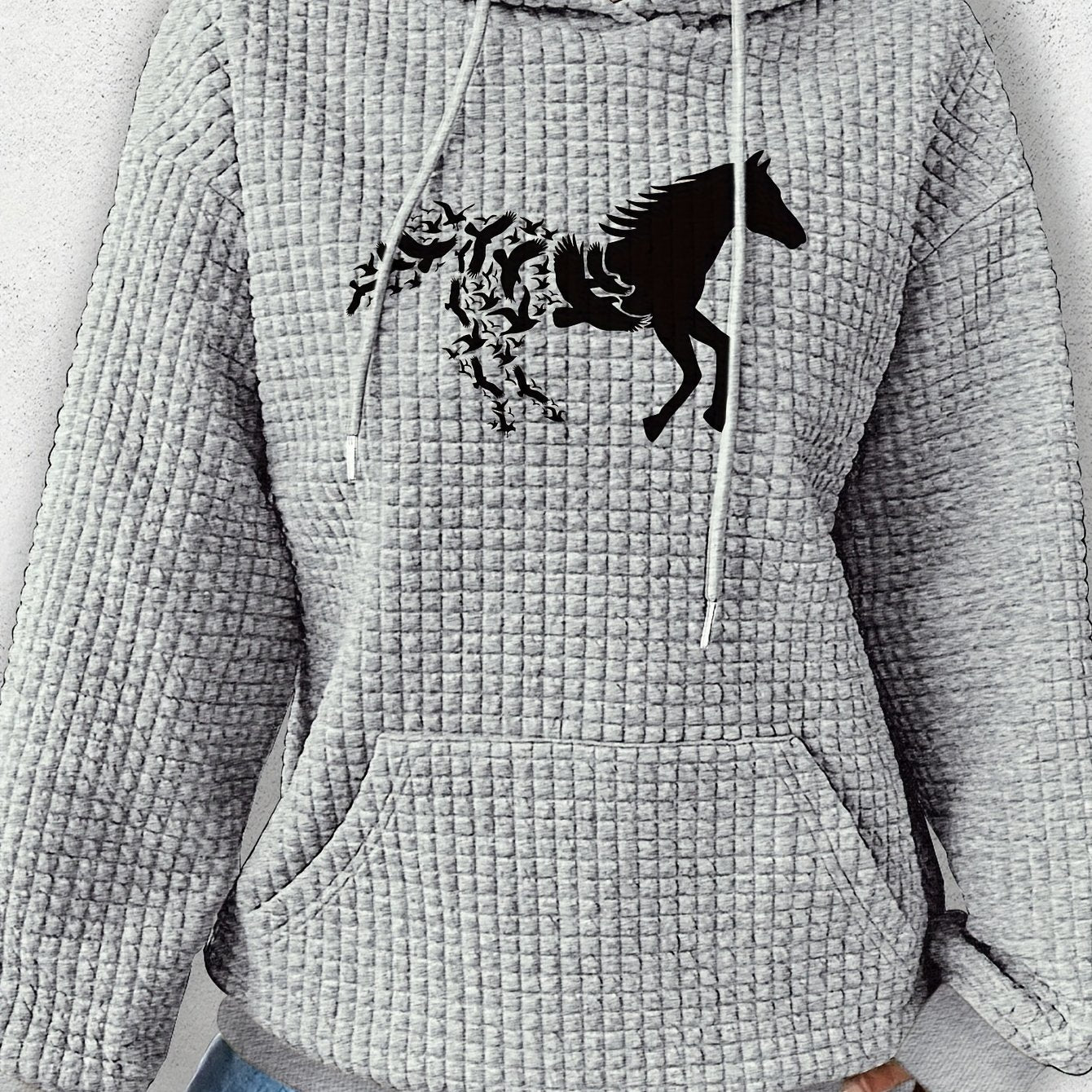 Vibrant Horse Print Waffle Hoodie - Soft, Cozy, and Casual Drawstring Kangaroo Pocket Sweatshirt for Women - Perfect for Fall and Spring Seasons