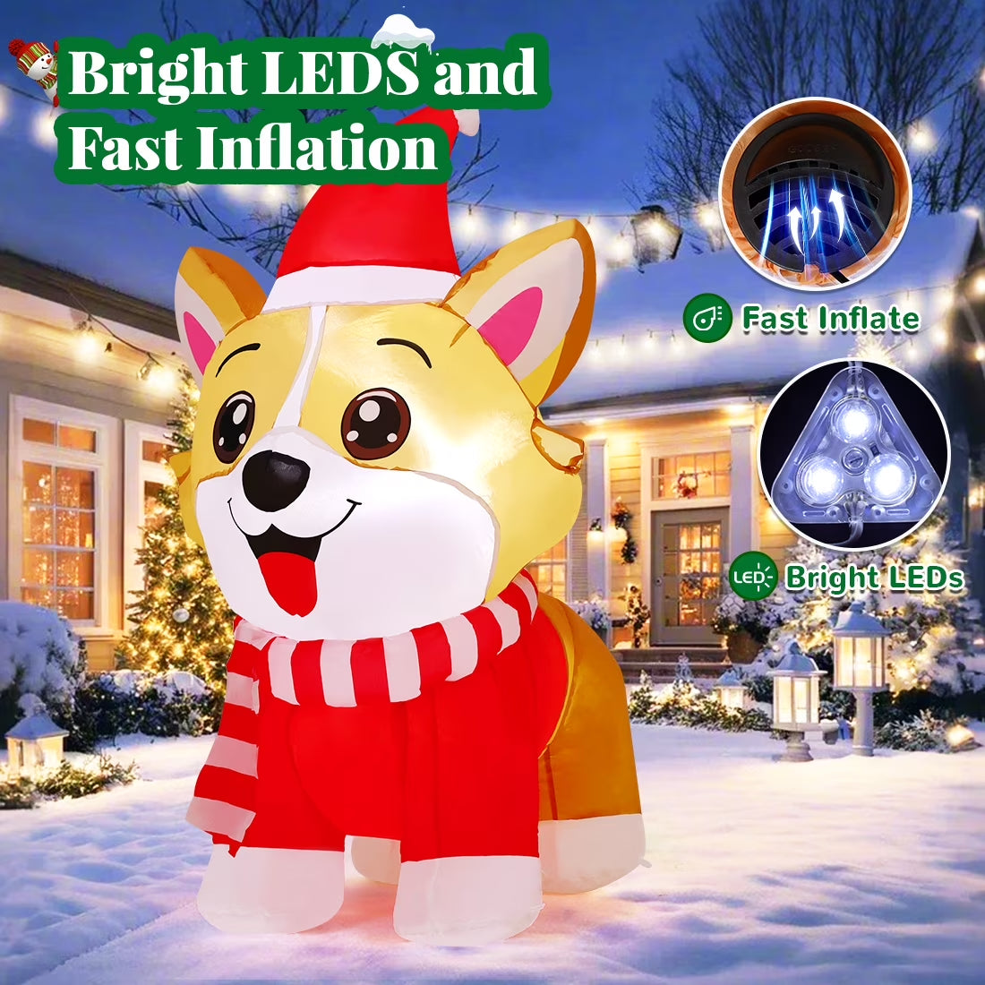 Christmas Inflatables 4.2 FT Inflatable Dog Wearing Hat with Built-in LED Lights, Cute Inflatable Christmas Dog Blow up Corgi Dog, Outdoor Christmas Decorations for Xmas Holiday Party