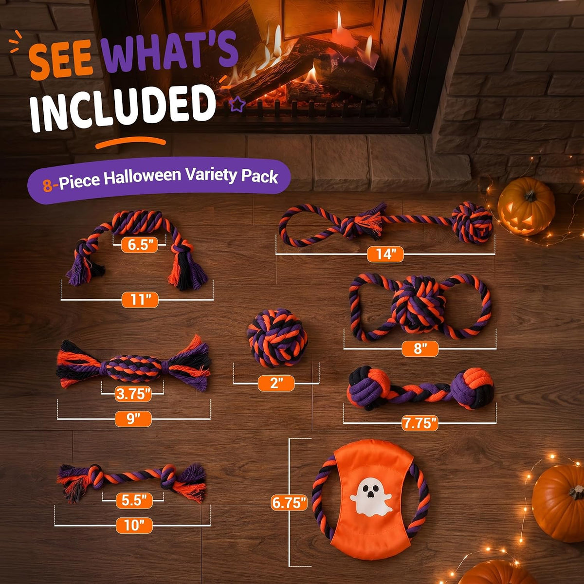 Halloween Dog Toys 8-Pack for Small Dogs — 8 Dog Rope Toys + Frisbee | Halloween Dog Toys Pack | Benefits Dog Rescue
