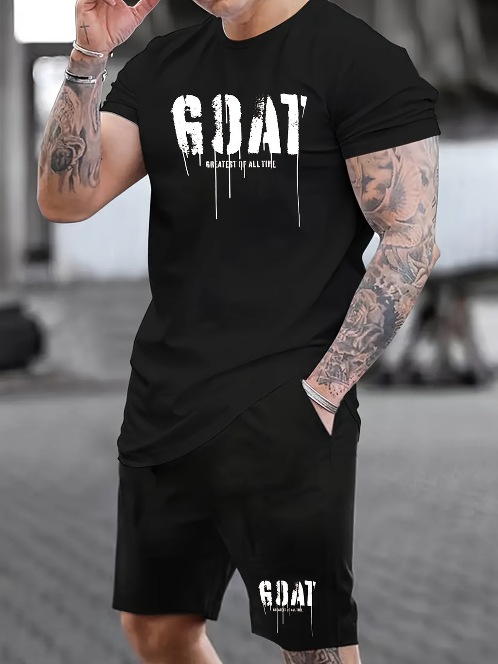 Mens Stylish Goat Print 2pcs Set - Casual Sportswear Outfit with Drawstring Shorts & Short Sleeve Top - Perfect for Spring Summer, Holidays, Leisure, Vacation, and Outdoor Fitness