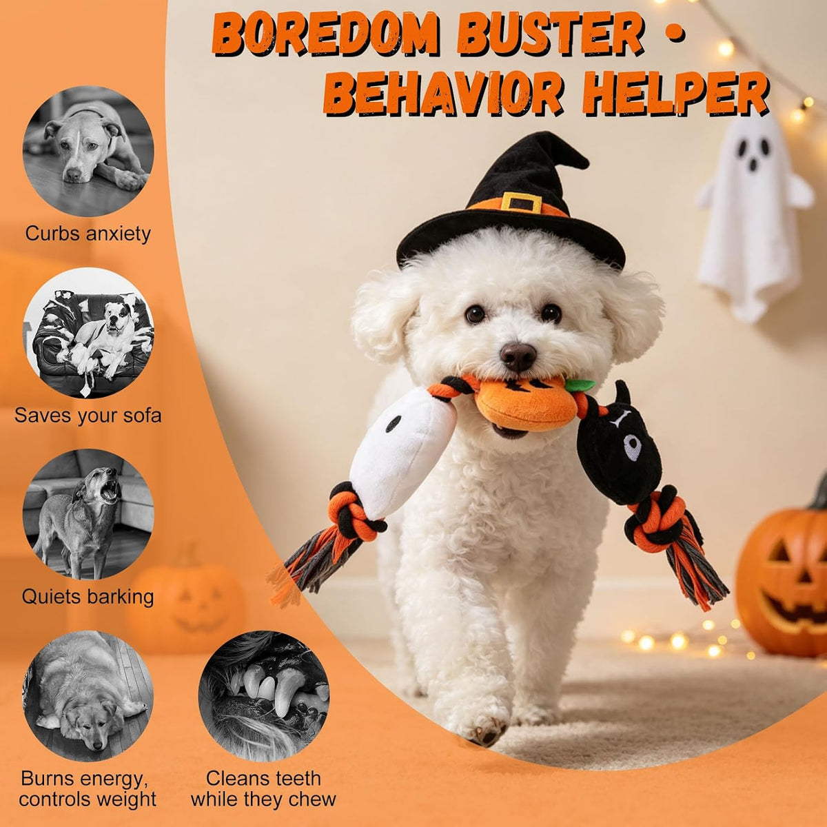Halloween Squeaky Dog Toy for Small Dog to Keep Them Busy, Interactive Dog Rope Toy with 3 Squeakers, Funny Plush Stuffed Toys for Puppy Pet Tug of War Playing Training, Pumpkin+Spider+Ghost