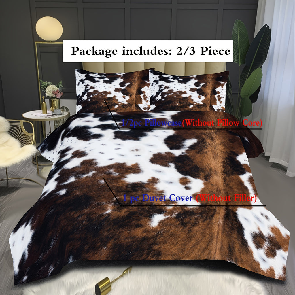Brown And Black Cow Pattern Yak Leather Bedding Set with Washable Ultra-Fine Microfiber Duvet Cover, Soft And Comfortable, Does Not Include The Down Comforter, Available in 2 Or 3pcs Sets.