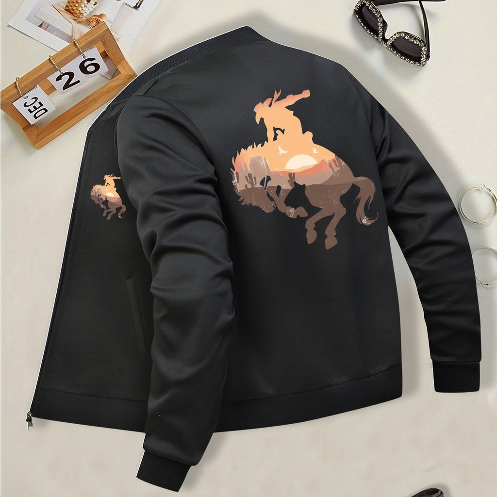 Women's Western Cowboy Print Casual Jacket - Black Zip-Up Long Sleeve with Stand Collar, Horse Graphic Design, Perfect for Fall and Winter Outfits, Casual Wear Jacket | Graphic Print Jacket | Polyester Fabric