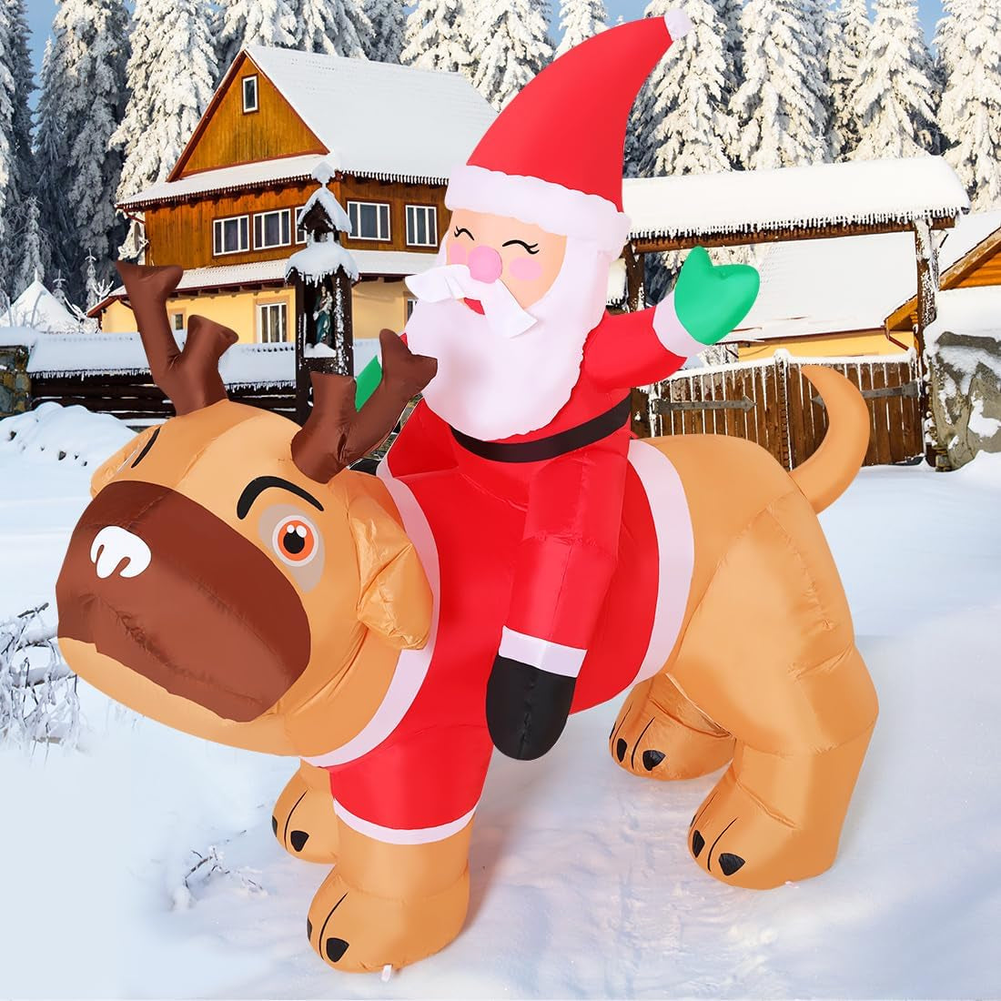 5 FT Inflatable Santa Claus Riding Pug Dog Outdoor Decoration with LED Lights for Christmas Holiday Party and Indoor Garden Lawn Decor