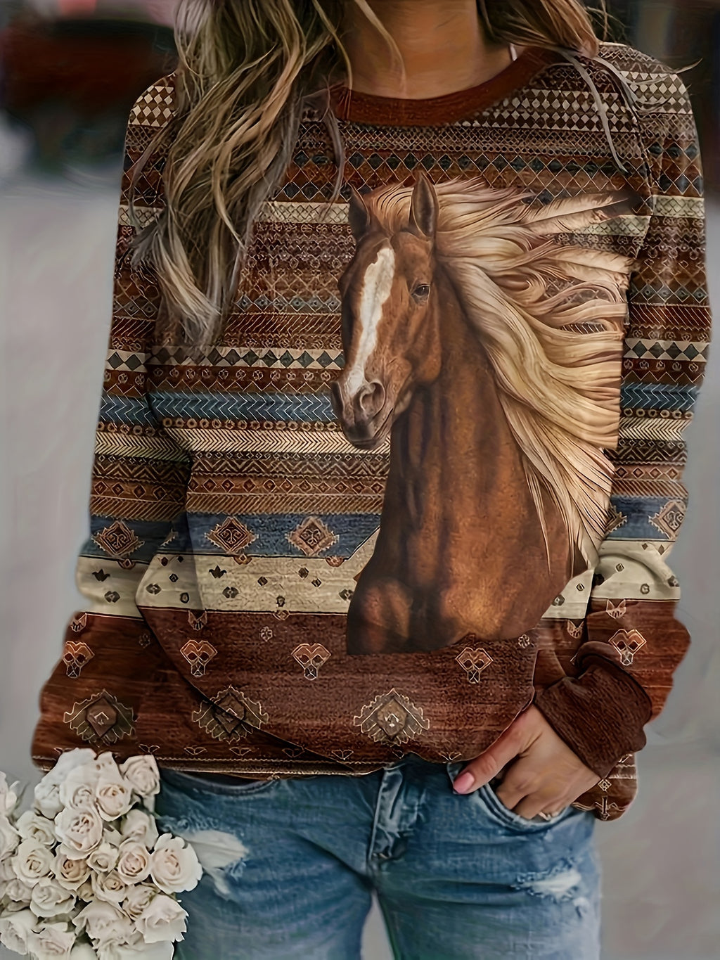 Elegant Horse Print Long Sleeve Sweatshirt - Cozy Polyester Crew Neck with Tribal Pattern, Machine Washable - Women's Casual Pullover
