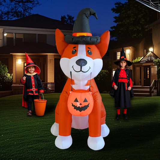5FT Inflatable Corgi Dog with Pumpkin Outdoor Decoration - Halloween Blow-Up Yard Decor with Built-in LED Lights for Indoor and Garden Use