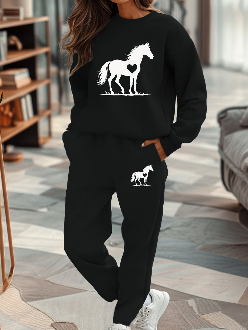 Women'S Casual Fall/Winter Horse Silhouette Sweatshirt and Sweatpants Set - Gray with Black Horse Design, Cozy Sweatpants for Relaxation, Comfortable Clothing | Stylish Horse Print | Cozy Sweatpants