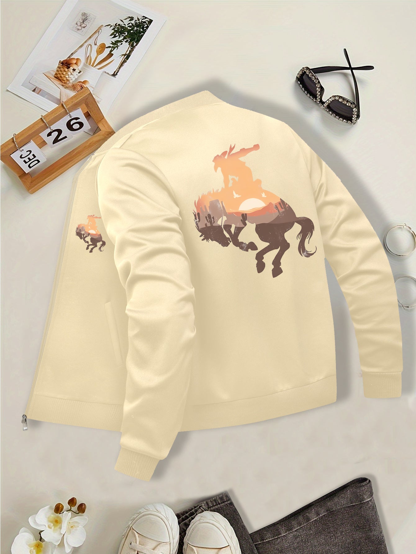 Women's Western Cowboy Print Casual Jacket - Black Zip-Up Long Sleeve with Stand Collar, Horse Graphic Design, Perfect for Fall and Winter Outfits, Casual Wear Jacket | Graphic Print Jacket | Polyester Fabric
