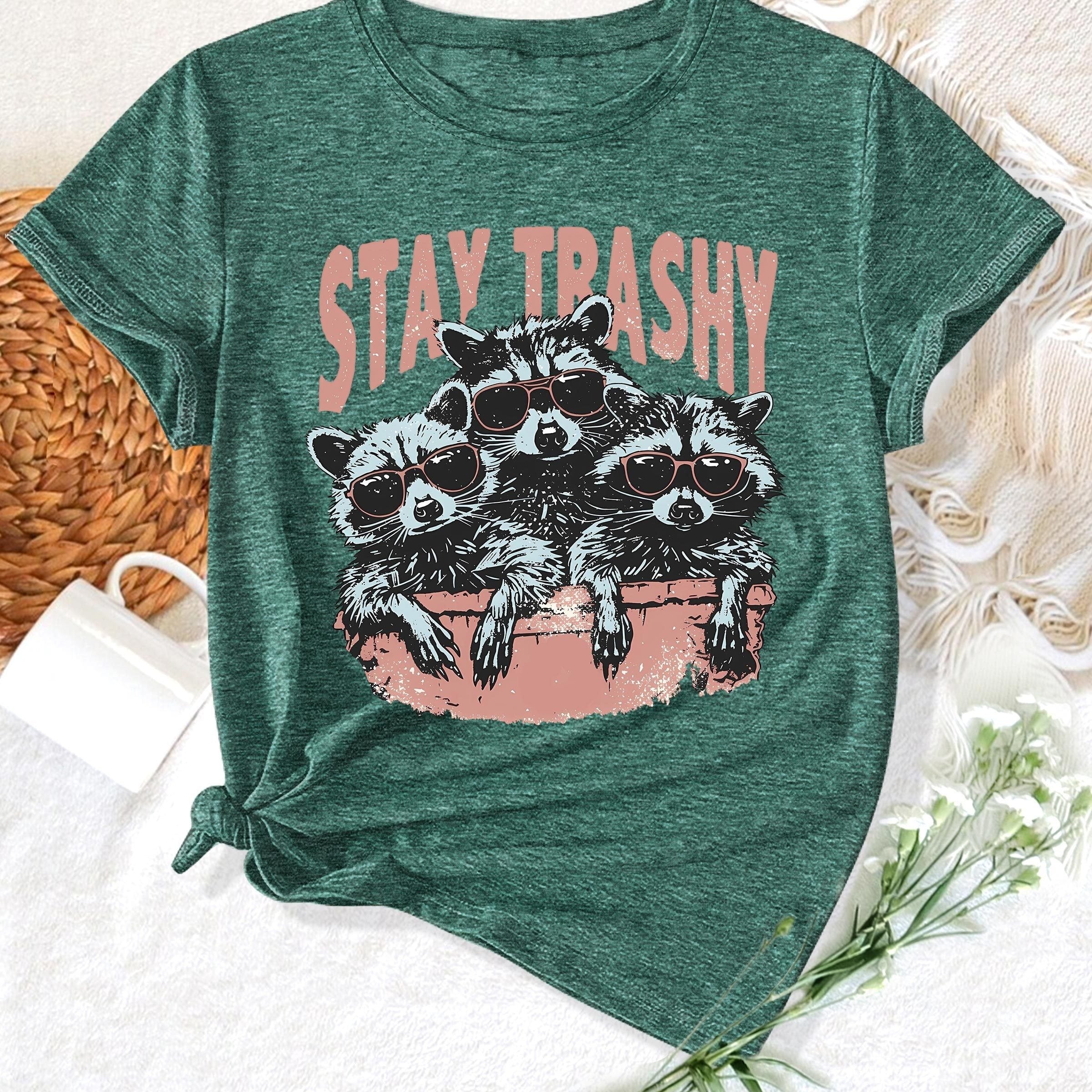 Whimsical Animal Series - Three Little Raccoon Graphic Print Round Neck Short Sleeve Sports T-Shirt - Casual Fashionable, Trendy, Elegant, Retro-Inspired Top for Adult Women