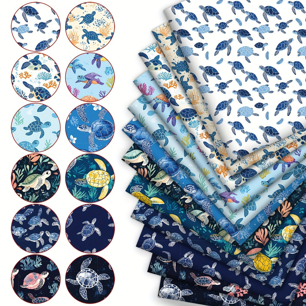 12pcs of Sea Turtles, The Spirits of The Ocean, an Icy Blue Ambiance, 12 Total Design Styles of Eighth Fabric Bundles, Polyester Patchwork, Suitable for Quilting, Crafts, Making Wallets, Gifts, Doll Clothes, Bag Making, Cushi
