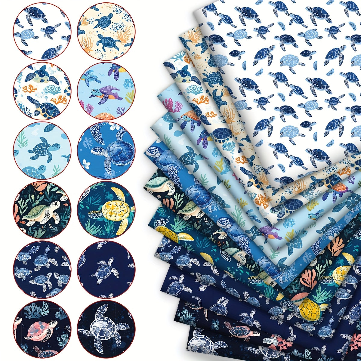 12pcs of Sea Turtles, The Spirits of The Ocean, an Icy Blue Ambiance, 12 Total Design Styles of Eighth Fabric Bundles, Polyester Patchwork, Suitable for Quilting, Crafts, Making Wallets, Gifts, Doll Clothes, Bag Making, Cushi