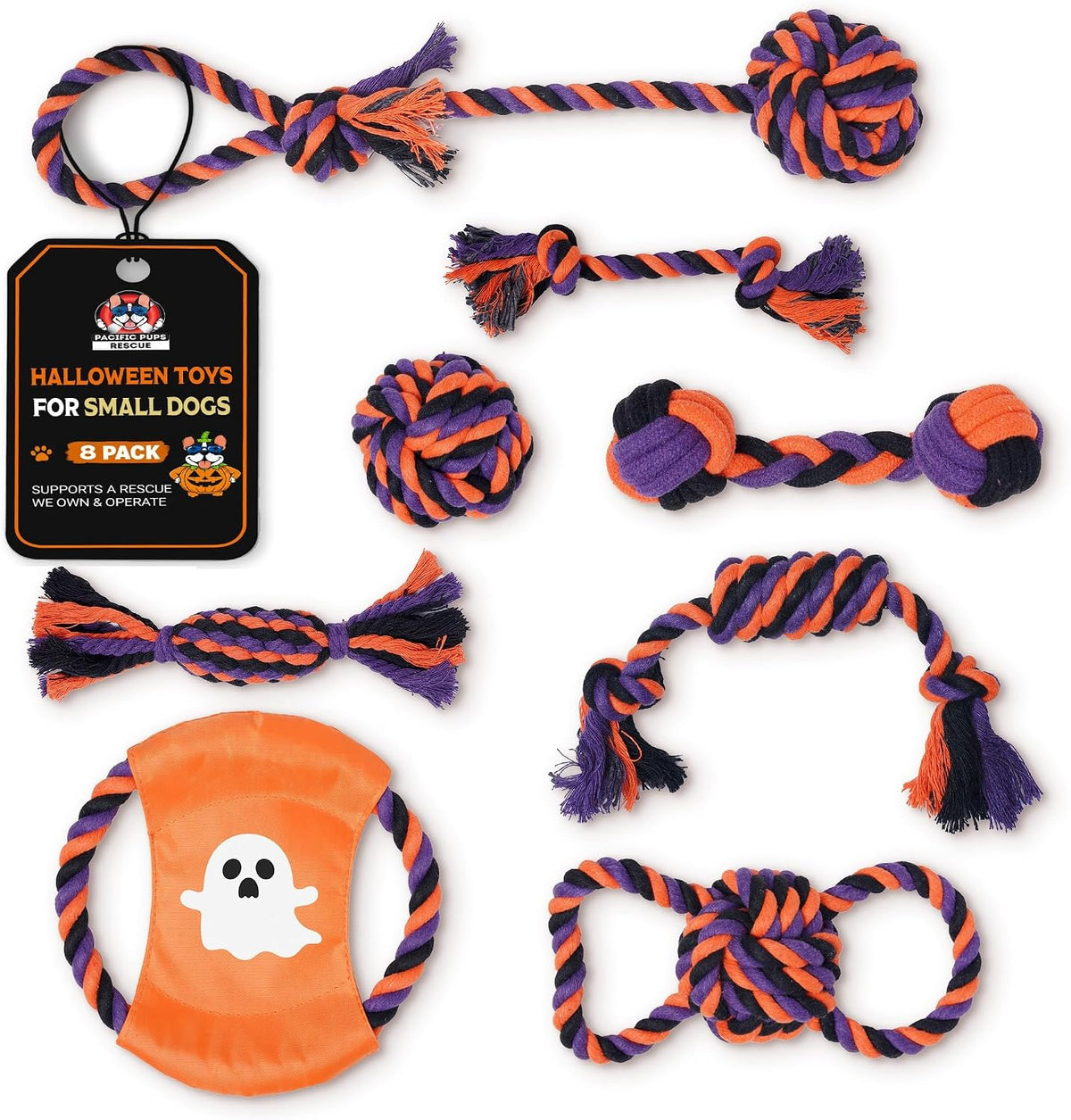 Halloween Dog Toys 8-Pack for Small Dogs — 8 Dog Rope Toys + Frisbee | Halloween Dog Toys Pack | Benefits Dog Rescue