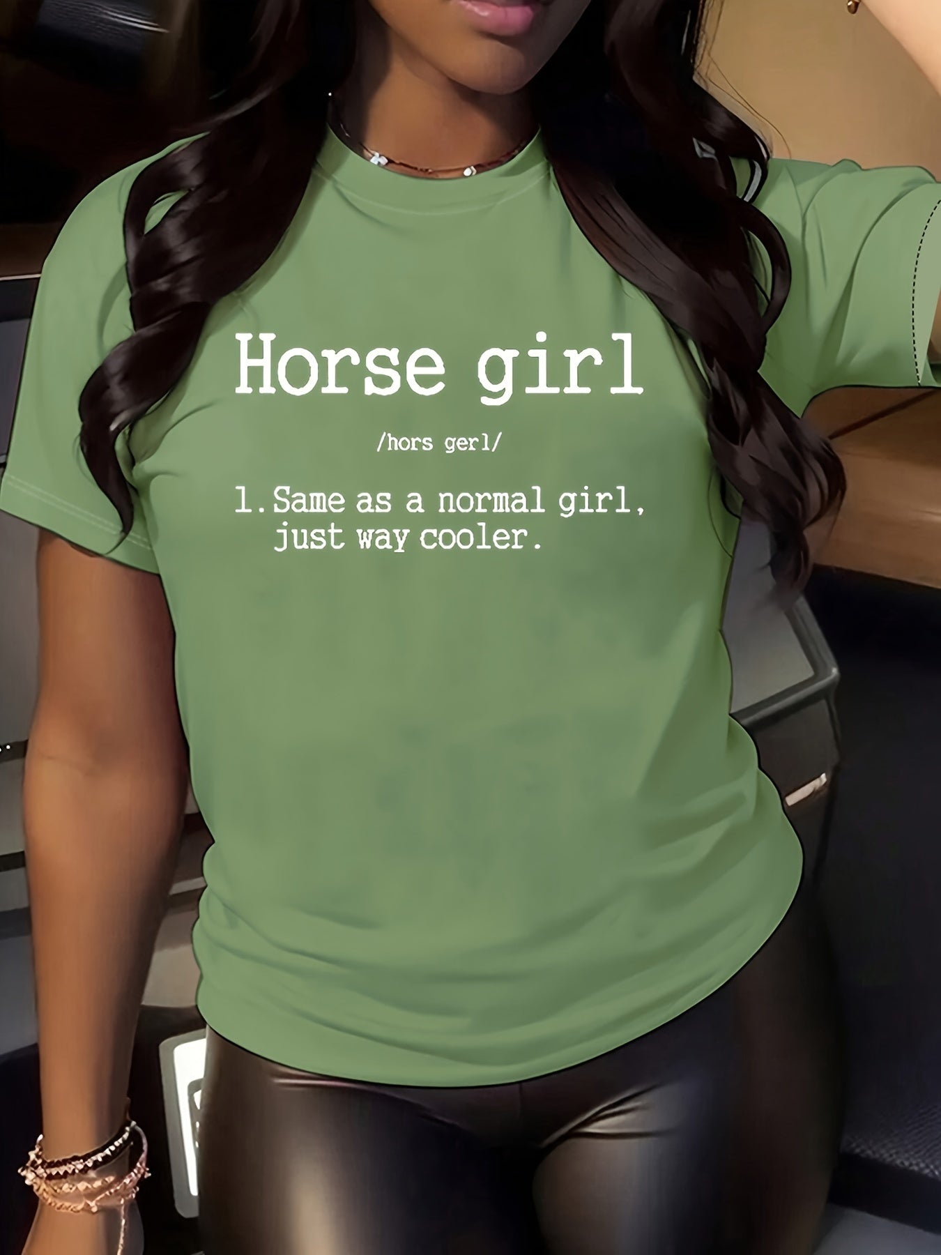 Vibrant Horse Girl Letter Print T-Shirt - Soft Short Sleeve Crew Neck Casual Top for Summer - Comfortable Women's Clothing for Horse Lovers