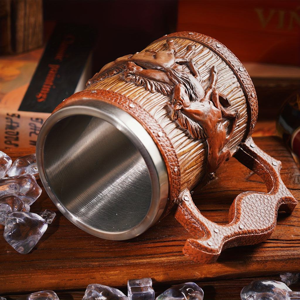 Viking Style Stainless Steel Mug with Horse Relief Design - Perfect for Christmas, Halloween, and Easter Celebrations