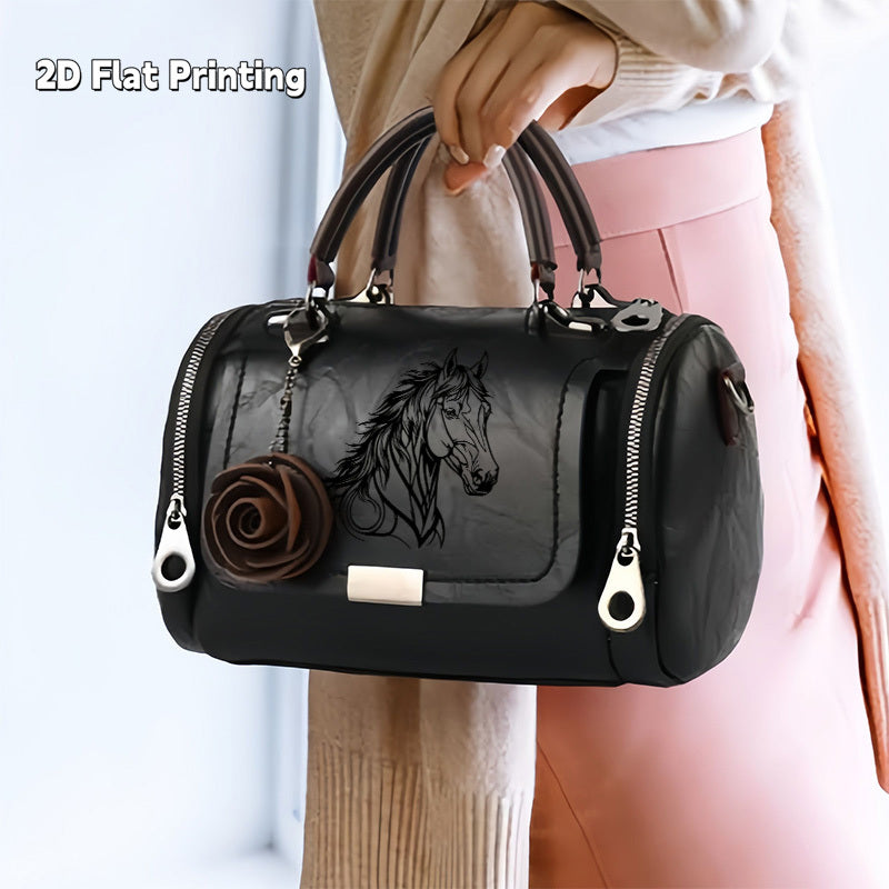 1pc Retro Handbag | Horse Pattern Classic Single-Shoulder Bag with Rose Pendant, Crossbody, Lining, Zipper Closure, Adjustable Strap, Suitable for Commuting, Business Trips, Light Luxury Small Bag, Christmas Gift