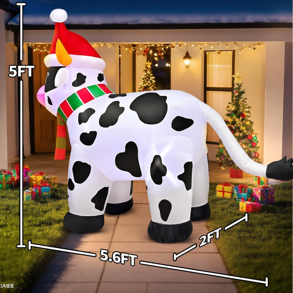 5.6FT Inflatable Cow Farm Animals for Christmas Outdoor Decorations with Built-in LED Lights - Festive Yard Decor for Holiday Parties and Indoor Garden Use