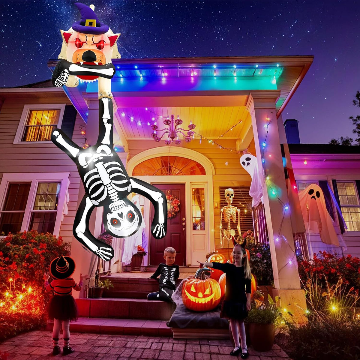 8FT LED Illuminated Halloween Inflatable Dog Pulling Skeleton Decor