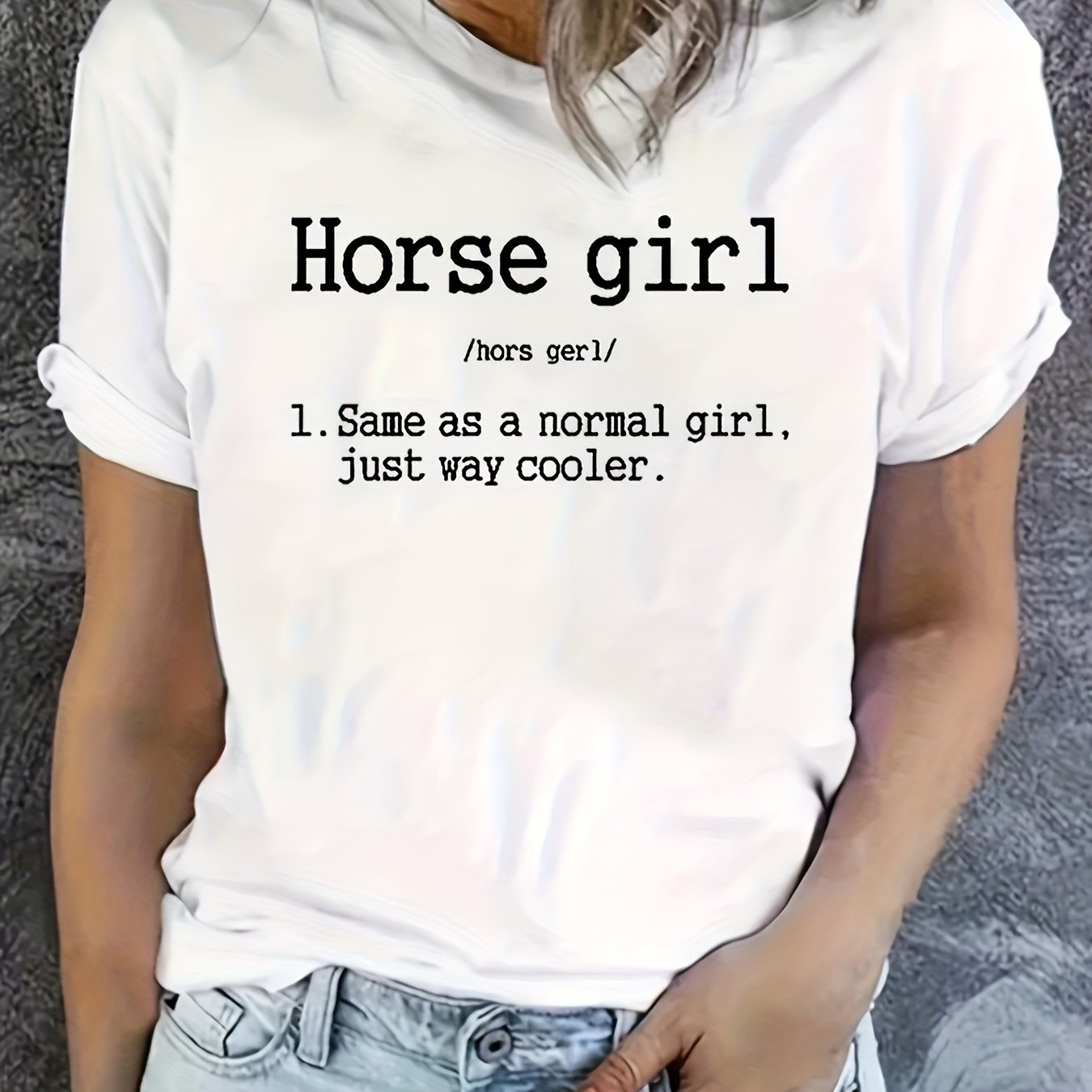 Vibrant Horse Girl Letter Print T-Shirt - Soft Short Sleeve Crew Neck Casual Top for Summer - Comfortable Women's Clothing for Horse Lovers