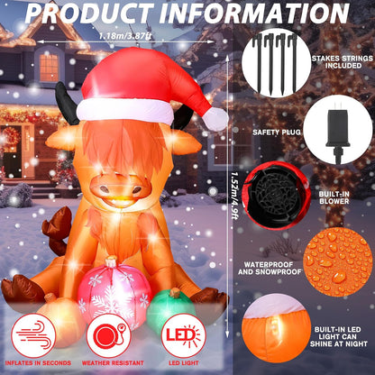 4.9 ft Inflatable Christmas Cow with Santa Hat
