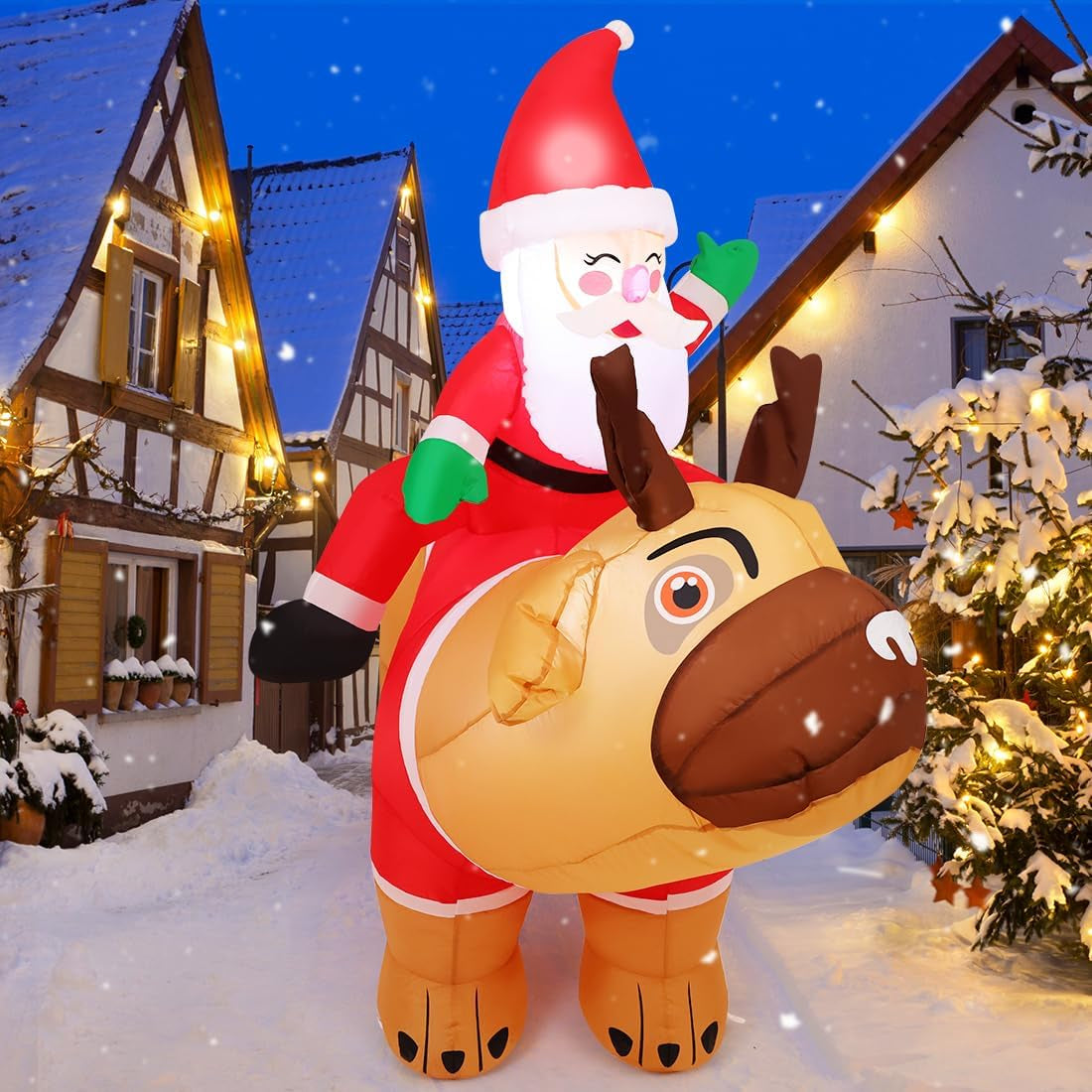5 FT Inflatable Santa Claus Riding Pug Dog Outdoor Decoration with LED Lights for Christmas Holiday Party and Indoor Garden Lawn Decor
