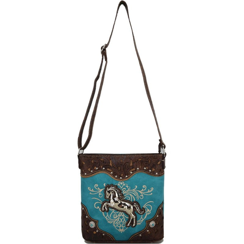 Western Horse Embroidery Faux Leather Crossbody Bag, Cowgirl Style Shoulder Handbag, with Floral Design and Rhinestone Accents, Polyester Lined, with Zipper Closure for Women