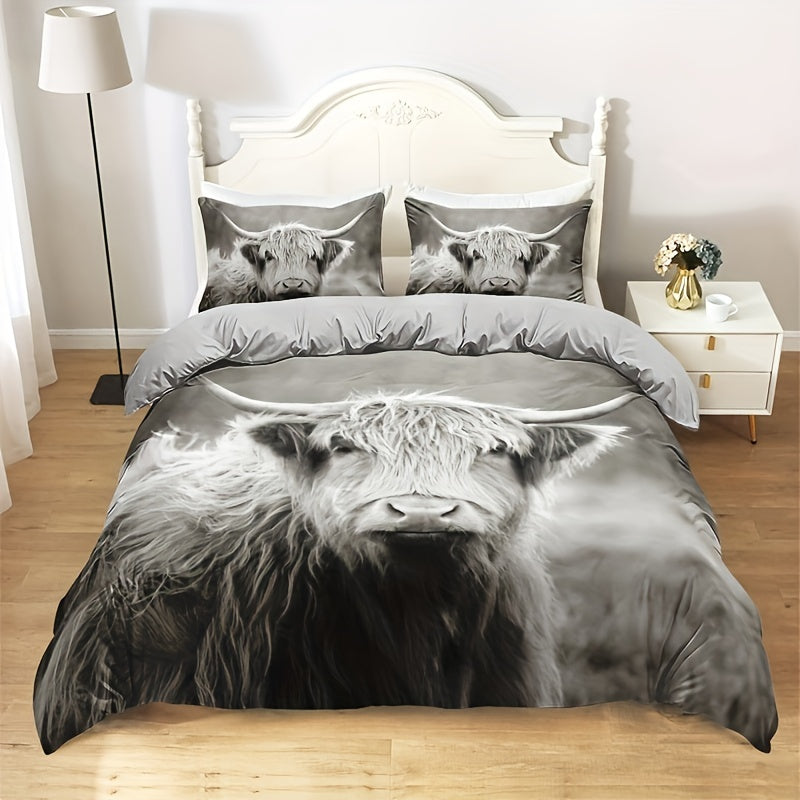 3pcs Stylish Countryside Highland Cow High-Definition Digital Printed bedding