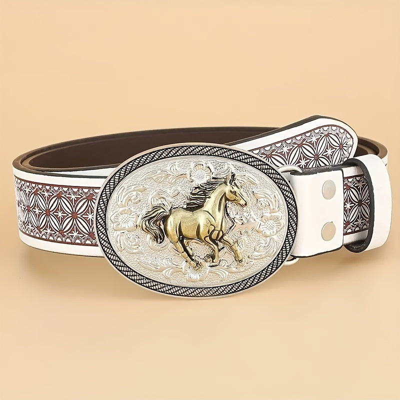 Fashionable Womens Oval Horse Buckle Belt - Embossed White Leather - Perfect for Jeans - Trendy Style for Girls and Women