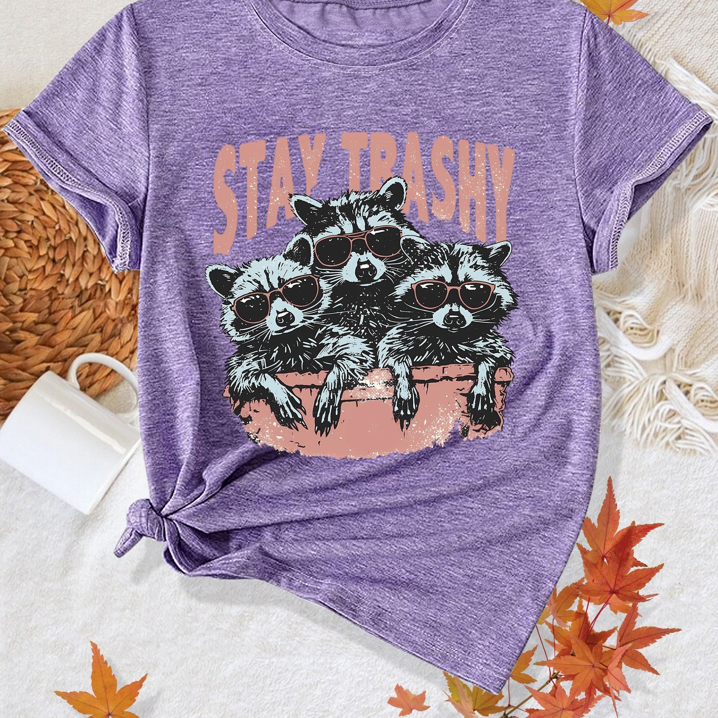 Whimsical Animal Series - Three Little Raccoon Graphic Print Round Neck Short Sleeve Sports T-Shirt - Casual Fashionable, Trendy, Elegant, Retro-Inspired Top for Adult Women