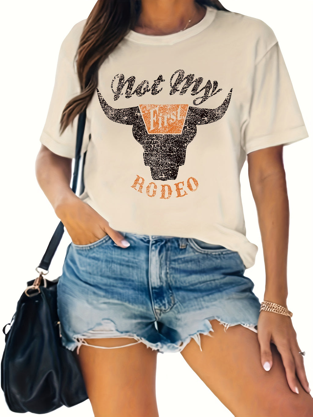 Rodeo Cow Head Print T-shirt, Casual Crew Neck Short Sleeve T-shirt, Women's Clothing