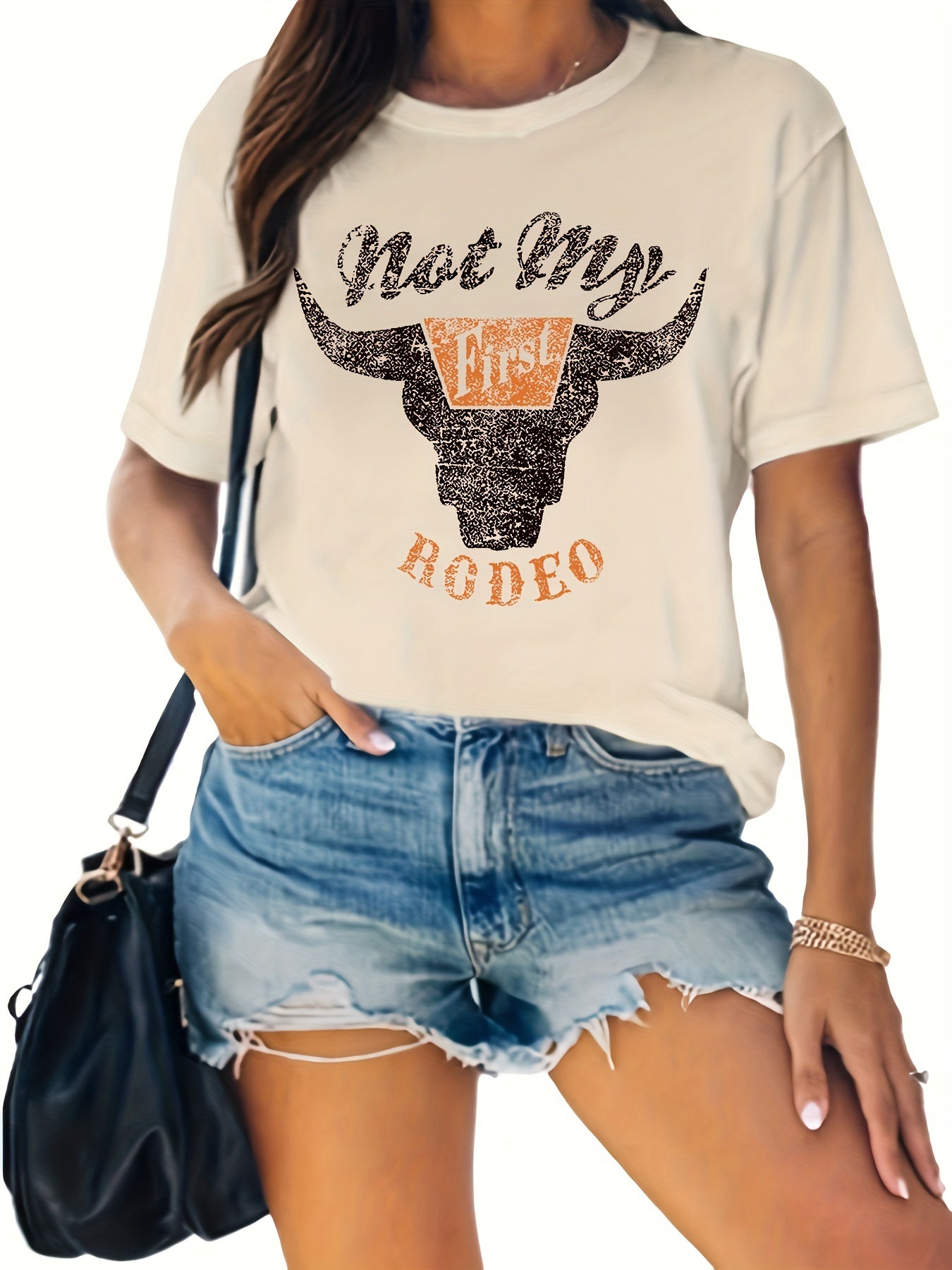 Rodeo Cow Head Print T-shirt, Casual Crew Neck Short Sleeve T-shirt, Women's Clothing