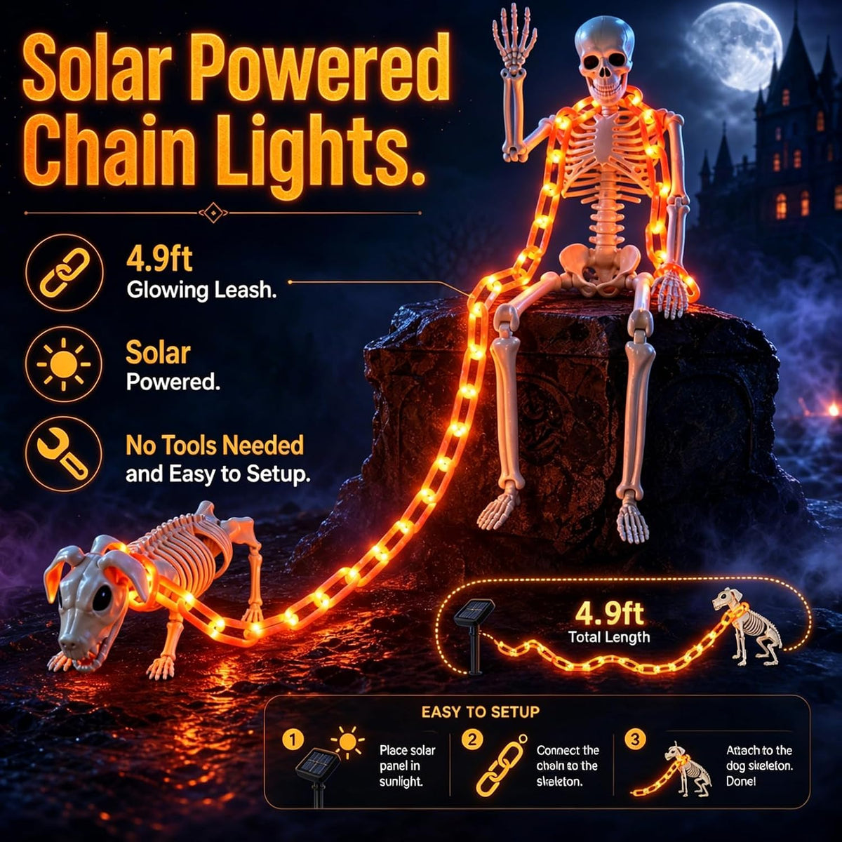3-Foot Skeleton and Dog Skeleton with Illuminated Chain, Outdoor Halloween Decor