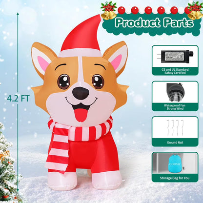 Christmas Inflatables 4.2 FT Inflatable Dog Wearing Hat with Built-in LED Lights, Cute Inflatable Christmas Dog Blow up Corgi Dog, Outdoor Christmas Decorations for Xmas Holiday Party