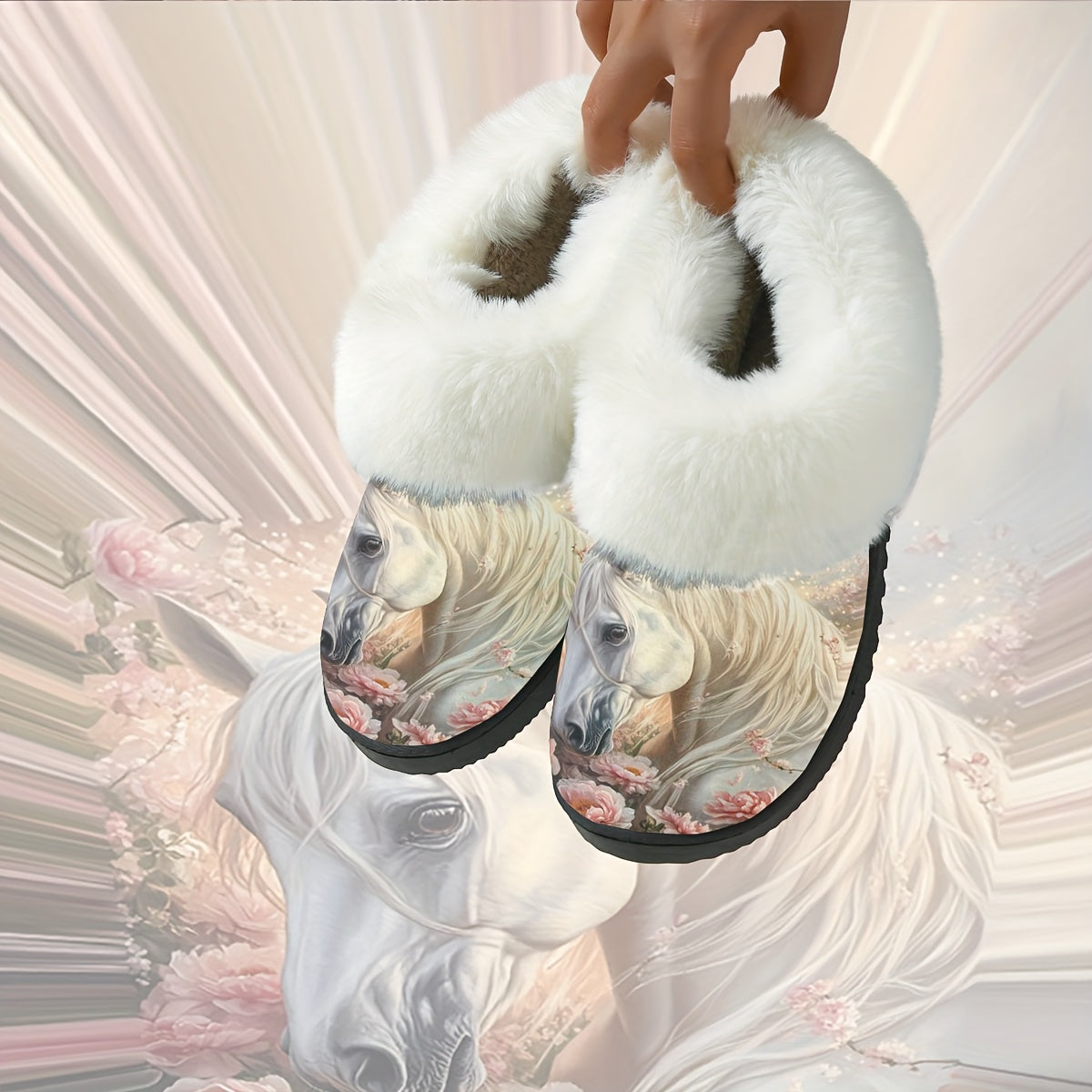 1 Pair Elegant White Horse & Floral Print Plush Slippers - Soft, Non-Slip Rubber Sole, All-Season Indoor/Outdoor House Shoes, Women'S Birthday/Christmas/Halloween Gift - Cozy Home Footwear for Women, Horse Lover Gifts, Indoor