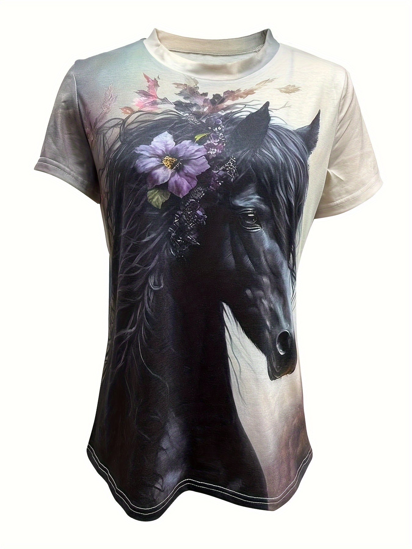 Vibrant Horse Print Short Sleeve Crew Neck T-shirt - Soft Micro Elasticity Polyester Fabric, Machine Washable, Random Animal Pattern - Perfect for Spring, Summer, and Fall Casual Wear