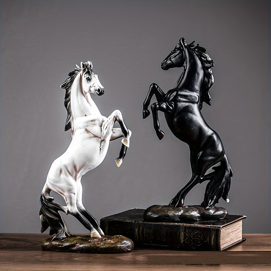 Majestic Black & White Horse Figurines - Exquisite Craftsmanship For Home Decor - Striking Standing Sculptures, Perfect For Desks, Bars & Wine Cabinets