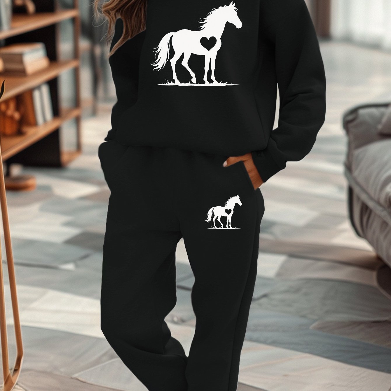 Women'S Casual Fall/Winter Horse Silhouette Sweatshirt and Sweatpants Set - Gray with Black Horse Design, Cozy Sweatpants for Relaxation, Comfortable Clothing | Stylish Horse Print | Cozy Sweatpants