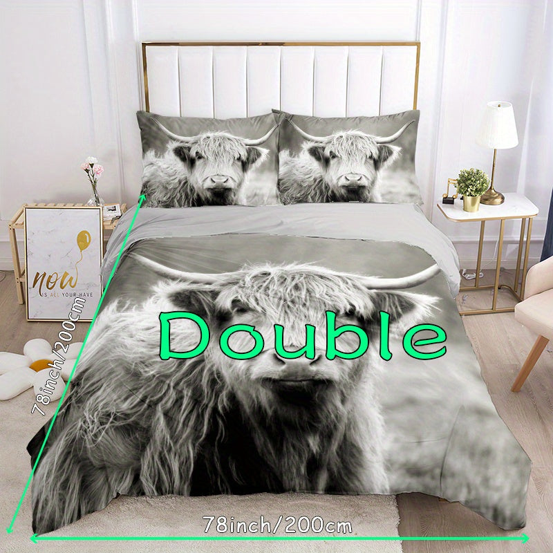 3pcs Stylish Countryside Highland Cow High-Definition Digital Printed bedding