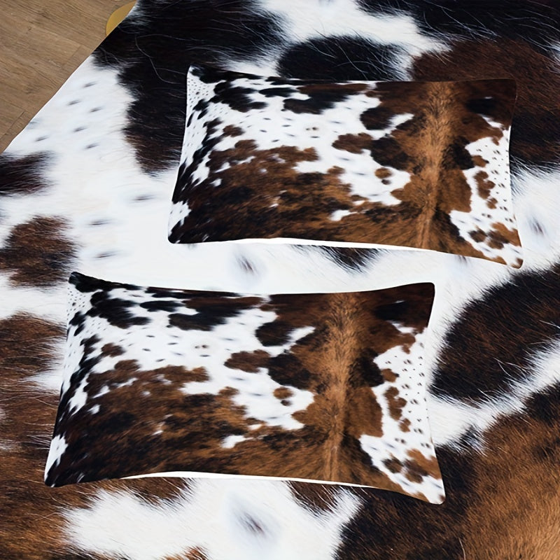 Brown And Black Cow Pattern Yak Leather Bedding Set with Washable Ultra-Fine Microfiber Duvet Cover, Soft And Comfortable, Does Not Include The Down Comforter, Available in 2 Or 3pcs Sets.